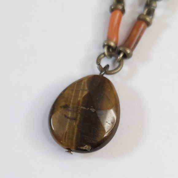 Vintage Yemeni Coral & Black Onyx Stone Beaded Tiger Eye Teardrop Stone Necklace - Picture 3 of 16
